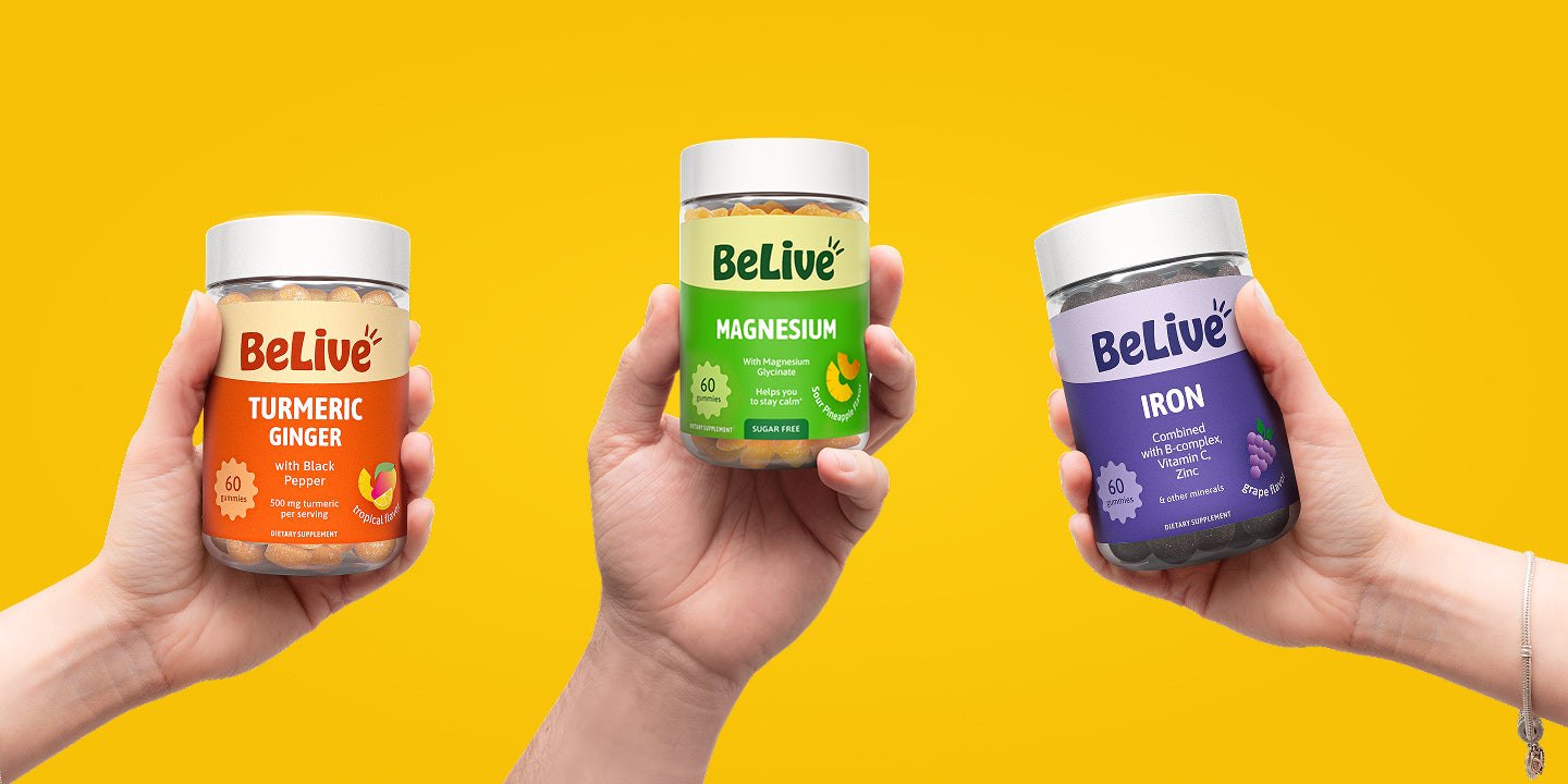 3 hands each holding a bottle of BeLive gummies